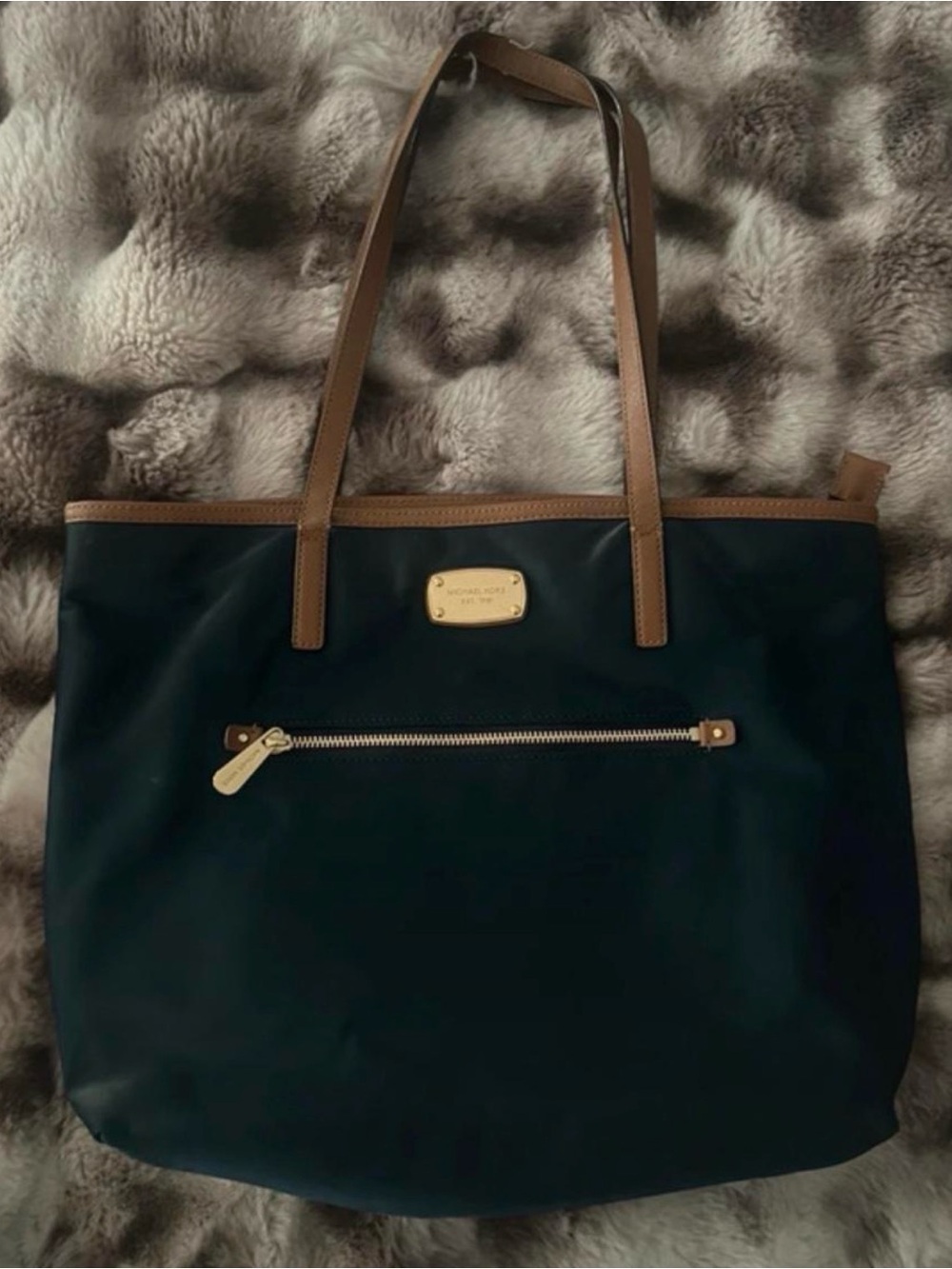 Michael Kors Navy Tote with Brown Trim and Gold Hardware